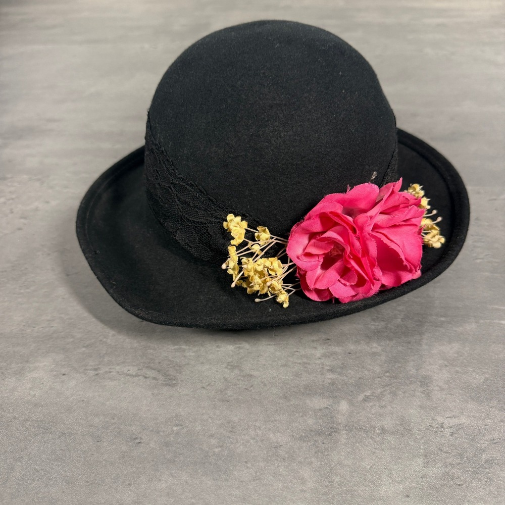 Vintage Bollman Hat Co Doeskin Felt Hat Black Wool Lace Pink Flower Coquette - Picture 4 of 7